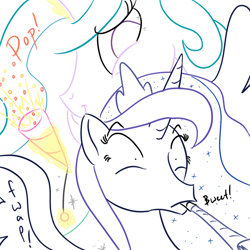 Size: 800x800 | Tagged: safe, artist:wryte, princess celestia, princess luna, alicorn, pony, lineart, newbie artist training grounds, party popper, smirk, surprised, trollestia