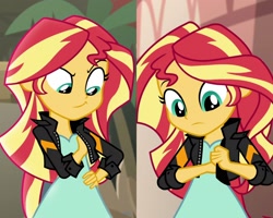 Size: 2560x2048 | Tagged: safe, screencap, sunset shimmer, equestria girls, movie magic, spoiler:eqg specials, comparison, faic, out of context, plant, smiling, smug