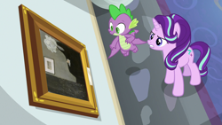 Size: 1280x720 | Tagged: safe, edit, edited screencap, screencap, spike, starlight glimmer, dragon, pony, unicorn, a matter of principals, bean, bust, exploitable meme, meme, mr bean, portrait, whistler's mother, winged spike