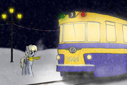 Size: 1024x683 | Tagged: safe, artist:subway777, derpy hooves, pegasus, pony, christmas lights, clothes, night, russia, saint petersburg, scarf, snow, snowfall, tram, winter