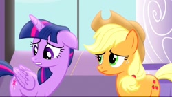 Size: 1280x722 | Tagged: safe, screencap, applejack, twilight sparkle, twilight sparkle (alicorn), alicorn, earth pony, pony, princess twilight sparkle (episode), female, mare, sad