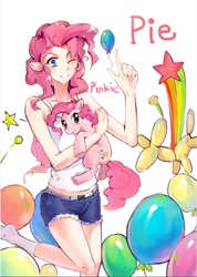 Size: 663x930 | Tagged: safe, artist:cuhenghdj, pinkie pie, human, pony, balloon, clothes, eared humanization, holding a pony, humanized, looking at you, midriff, one eye closed, raised leg, self ponidox, simple background, smiling, socks, white background, white socks
