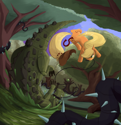 Size: 1218x1252 | Tagged: safe, artist:bakuel, applejack, cragadile, crocodile, earth pony, pony, princess twilight sparkle (episode), action pose, badass, black vine, everfree forest, fight, lasso, monster, scene interpretation, swamp