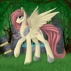 Size: 1500x1500 | Tagged: safe, artist:santagiera, fluttershy, pegasus, pony, armor, female, grass, looking up, mare, outdoors, raised hoof, smiling, solo, standing, tree