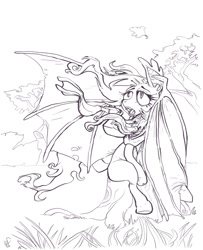 Size: 875x1075 | Tagged: safe, artist:holotuff, fluttershy, pony, female, flutterbat, lineart, mare, monochrome, solo, windy