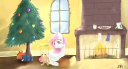 Size: 1440x780 | Tagged: safe, artist:dashy21, princess celestia, alicorn, pony, christmas tree, cookie, fireplace, milk, puppet, solo, tree, window