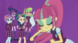 Size: 1024x572 | Tagged: safe, screencap, indigo zap, lemon zest, sci-twi, sour sweet, sugarcoat, sunny flare, twilight sparkle, equestria girls, friendship games, clothes, crystal prep academy uniform, crystal prep shadowbolts, ponytail, school uniform