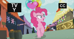 Size: 1440x761 | Tagged: safe, screencap, lucky clover, pinkie pie, earth pony, pony, inspiration manifestation, balloon, meme, tv rating, vulgar, youtube caption