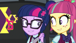 Size: 889x500 | Tagged: safe, screencap, sci-twi, sour sweet, twilight sparkle, equestria girls, friendship games, lip bite