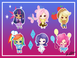 Size: 1280x969 | Tagged: safe, artist:j-lin-mlp, derpibooru import, applejack, fluttershy, pinkie pie, rainbow dash, rarity, twilight sparkle, twilight sparkle (alicorn), alicorn, human, chibi, clothes, humanized, mane six, sweater, sweatershy, winged humanization