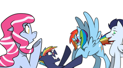 Size: 1024x569 | Tagged: safe, artist:kmwolf, derpibooru import, rainbow dash, soarin', oc, oc:cotton candy, oc:prism bolt, earth pony, pegasus, pony, female, kilalaverse, male, oc x oc, offspring, offspring shipping, parent:pinkie pie, parent:pokey pierce, parent:rainbow dash, parent:soarin', parents:pokeypie, parents:soarindash, pregnant, shipping, simple background, soarindash, story in the source, straight, white background