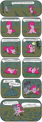 Size: 500x1451 | Tagged: safe, artist:foudubulbe, maud pie, pinkie pie, earth pony, pony, :o, attack, bucking, comic, filly, gritted teeth, hug, kicking, on back, open mouth, pile, pointy ponies, poking, prone, rock, smiling, wide eyes, yelling