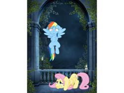 Size: 960x720 | Tagged: safe, derpibooru import, fluttershy, rainbow dash, pegasus, pony, floppy ears, scared, scary place