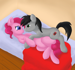 Size: 1600x1499 | Tagged: safe, artist:jonnysalami, pinkie pie, earth pony, pony, bed, blank flank, crossover, crossover shipping, cuddling, dan, dan pie, dan vs, eye contact, fanfic, fanfic art, female, hug, male, on back, on side, pinkiedan, ponified, shipping, smiling, snuggling, straight, the wheel and the butterfly saga
