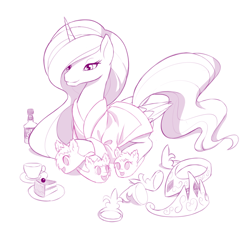 Size: 1000x908 | Tagged: safe, artist:dstears, princess celestia, oc, oc:fluffle puff, alicorn, pony, alcohol, bathrobe, cake, clothes, cup, female, fuzzy slippers, mare, monochrome, newbie artist training grounds, regalia, sitting, sketch, slippers, tea