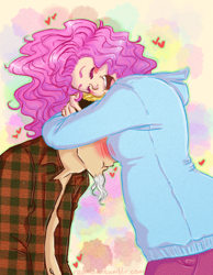 Size: 500x645 | Tagged: safe, artist:redmisa, discord, pinkie pie, human, blushing, boob smothering, discopie, female, hug, humanized, male, shipping, straight