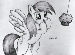 Size: 2337x1727 | Tagged: safe, artist:jagg777, derpy hooves, pegasus, pony, blushing, cute, derpabetes, female, food, hook, mare, monochrome, muffin, solo