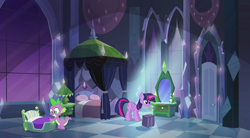 Size: 772x425 | Tagged: safe, derpibooru import, screencap, spike, twilight sparkle, twilight sparkle (alicorn), alicorn, equestria girls, equestria girls (movie), bed, duo, glowing horn, suitcase