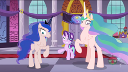 Size: 1920x1080 | Tagged: safe, artist:tralomine, edit, edited edit, edited screencap, editor:slayerbvc, screencap, princess celestia, princess luna, starlight glimmer, alicorn, pony, unicorn, a royal problem, blushing, crown, embarrassed, female, furless, furless edit, grin, jewelry, looking back, mare, missing accessory, nervous, nervous grin, now you fucked up, nude edit, nudity, plot, plucked wings, raised hoof, regalia, royal sisters, shaved, smiling, spell gone wrong, treehouse logo, underhoof