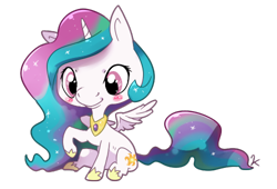 Size: 500x340 | Tagged: safe, artist:kuschelig, princess celestia, alicorn, pony, blushing, cewestia, chibi, cute, female, filly, hoof shoes, peytral, raised hoof, simple background, sitting, smiling, solo, spread wings, transparent background, wings