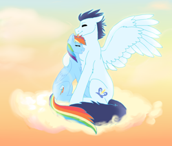 Size: 2000x1700 | Tagged: safe, artist:silcybell, derpibooru import, rainbow dash, soarin', pegasus, pony, female, male, shipping, soarindash, straight