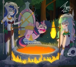 Size: 1500x1318 | Tagged: safe, artist:bluse, princess celestia, princess luna, principal celestia, twilight sparkle, twilight sparkle (alicorn), vice principal luna, alicorn, equestria girls, alternate universe, barbarian, belly button, bondage, bra, bracelet, clothes, cooked alive, cooking, female, hogtied, humans eating ponies, imminent death, imminent vore, literal spitroast, midriff, peril, pony as food, rope, show accurate, skirt, skull, this will end in tears and/or death, tribal, twilybuse, underwear