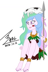 Size: 900x1343 | Tagged: safe, artist:bluse, princess celestia, principal celestia, equestria girls, background removed, face paint, feet, incorrect foot anatomy, nail polish, show accurate, signature, simple background, skull, solo, spear, toenail polish, toes, tribal, white background