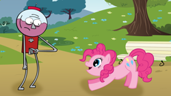 Size: 1024x576 | Tagged: safe, artist:videogamehunter, pinkie pie, earth pony, pony, benson, crossover, excited, gumball machine, ponyville park, regular show