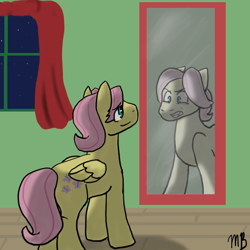 Size: 576x576 | Tagged: safe, artist:moonstruck-badger, butterscotch, fluttershy, pegasus, pony, mirror, pony pov series, reflection, reharmonized ponies, rule 63