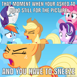 Size: 2048x2048 | Tagged: safe, applejack, pinkie pie, rainbow dash, rarity, starlight glimmer, earth pony, pegasus, pony, unicorn, equestria daily, image macro, meme, sneezing