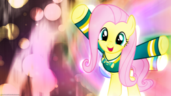 Size: 2560x1440 | Tagged: safe, artist:dasprid, artist:game-beatx14, fluttershy, pegasus, pony, ponytones outfit, solo, wallpaper