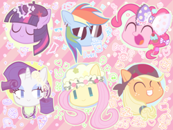 Size: 800x601 | Tagged: dead source, safe, artist:momo, derpibooru import, applejack, fluttershy, pinkie pie, rainbow dash, rarity, twilight sparkle, earth pony, pegasus, pony, unicorn, c:, chibi, clothes, cute, dashabetes, diapinkes, eyes closed, grin, head only, jackabetes, mane six, no pupils, open mouth, raribetes, shyabetes, smiling, twiabetes