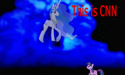 Size: 3077x1853 | Tagged: safe, princess celestia, twilight sparkle, unicorn twilight, alicorn, pony, unicorn, cable news network, cloud, cnn, duo, female, image macro, kung pow, mare, meme, parody, reference, remember who you are, scene interpretation, the lion king