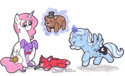 Size: 1181x717 | Tagged: safe, artist:artistnjc, princess celestia, princess luna, alicorn, fox, pony, bonnie, cewestia, female, filly, five nights at freddy's, foxy the pirate fox, freddy fazbear, happy, magic, pink-mane celestia, playing, plushie, royal sisters, sisters, smiling, traditional art, woona, younger