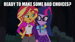 Size: 600x337 | Tagged: safe, edit, edited screencap, screencap, sci-twi, sunset shimmer, twilight sparkle, equestria girls, legend of everfree, female, image macro, lesbian, meme, scitwishimmer, shipping, sunsetsparkle