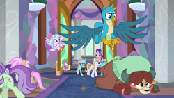 Size: 1280x720 | Tagged: safe, screencap, gallus, ocellus, silverstream, smolder, spike, starlight glimmer, yona, changedling, changeling, classical hippogriff, dragon, earth pony, griffon, hippogriff, pegasus, pony, unicorn, yak, school daze, background pony, bow, cloven hooves, dragoness, female, hair bow, jewelry, male, necklace, wings