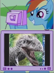 Size: 680x915 | Tagged: safe, derpibooru import, rainbow dash, dinosaur, pegasus, pony, exploitable meme, indominus rex, jurassic park, jurassic world, meme, obligatory pony, spoilers for another series, tv meme