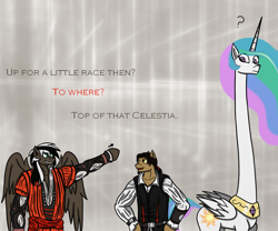 Size: 1280x1067 | Tagged: safe, artist:lucandreus, princess celestia, oc, anthro, pegasus, pony, anthro with ponies, assassin's creed, bipedal, crossover, ezio auditore, frown, grin, long neck, pointing, ponified, question mark, smirk