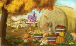 Size: 2109x1280 | Tagged: safe, artist:king-kakapo, apple bloom, applejack, big macintosh, granny smith, earth pony, pony, 30 minute art challenge, apple, autumn, autumn leaves, barrel, corn, farm, fruit, gourd, half barrel, in the distance, male, potato, pumpkin, resting, sitting, sleeping, stallion, sweet apple acres, tree, wagon