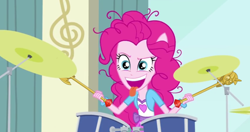 Size: 800x421 | Tagged: safe, edit, screencap, pinkie pie, equestria girls, pinkie on the one, rainbow rocks, drums, ponied up, solo, twilight scepter