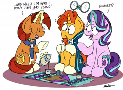 Size: 2333x1717 | Tagged: safe, artist:bobthedalek, starlight glimmer, stellar flare, sunburst, pony, unicorn, atg 2018, blaze (coat marking), cape, carpet, clothes, cup, eyes closed, female, food, magic, male, mare, mother and child, mother and son, newbie artist training grounds, oh no, out of character, parent and child, shocked, simple background, socks (coat marking), spill, stallion, tea, teacup, teapot, telekinesis, trio, unbelievable, white background