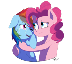 Size: 900x800 | Tagged: safe, artist:emcrasher, derpibooru import, pinkie pie, rainbow dash, earth pony, pegasus, pony, comforting, crying, hug, simple background, transparent background