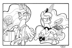 Size: 1382x929 | Tagged: safe, artist:abronyaccount, princess celestia, princess luna, alicorn, pony, banana, book, magic, monochrome, present