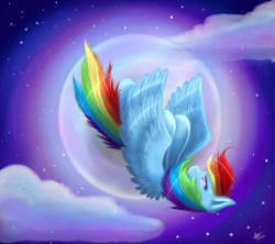 Size: 1800x1600 | Tagged: safe, artist:emcrasher, derpibooru import, rainbow dash, pegasus, pony, falling, moon, solo