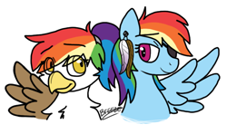 Size: 726x430 | Tagged: safe, artist:breezepleeze, derpibooru import, rainbow dash, oc, oc:rainbow feather, hybrid, pegasus, pony, bust, daughter, eyepatch, feather, female, interspecies offspring, magical lesbian spawn, mother and child, mother and daughter, offspring, parent and child, parent:gilda, parent:rainbow dash, parents:gildash, portrait