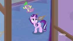 Size: 1920x1080 | Tagged: safe, screencap, spike, starlight glimmer, dragon, pony, a matter of principals, flying, looking up, raised eyebrow, winged spike