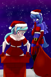 Size: 1200x1800 | Tagged: safe, artist:skecchiart, princess celestia, princess luna, anthro, bandeau, belly button, blushing, boots, chimney, christmas is cancelled, clothes, cracking up, evening gloves, hat, laughing, midriff, santa costume, santa hat, skirt, snow, stuck