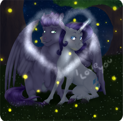 Size: 659x650 | Tagged: safe, artist:kanibaruire, rarity, oc, oc:kydose, firefly (insect), pegasus, pony, unicorn, forest, heart, love, night, raridose, shipping