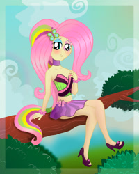 Size: 1280x1599 | Tagged: safe, artist:ogoroman, fluttershy, equestria girls, rainbow rocks, belly button, blushing, clothes, high heels, midriff, skirt, solo