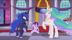 Size: 1920x1080 | Tagged: safe, edit, edited screencap, editor:slayerbvc, screencap, princess celestia, princess luna, starlight glimmer, alicorn, pony, unicorn, a royal problem, female, looking back, looking up, mare, missing cutie mark, now you fucked up, plot, prone, raised hoof, royal sisters, scared, spell gone wrong, treehouse logo, worried